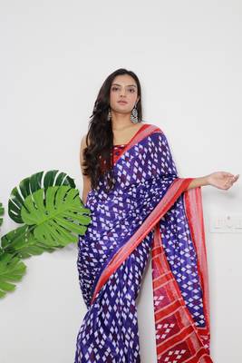Purple Cotton Printed Saree With Blouse 5