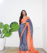 Grey Cotton Printed Saree With Blouse