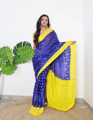 Blue Cotton Printed Saree With Blouse 1