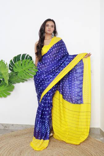 Blue Cotton Printed Saree With Blouse