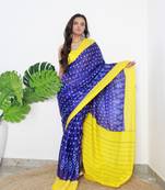 Blue Cotton Printed Saree With Blouse
