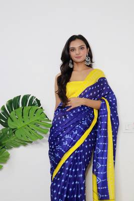 Blue Cotton Printed Saree With Blouse 4