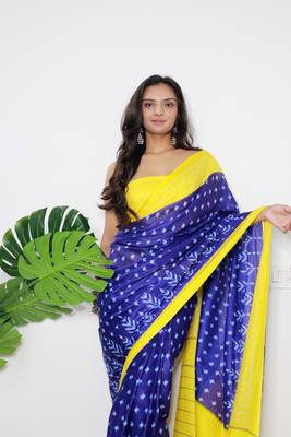 Blue Cotton Printed Saree With Blouse 5