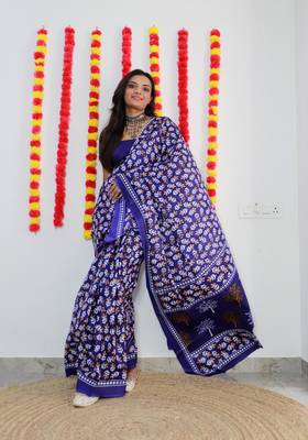 Purple Cotton Printed Saree With Blouse 1