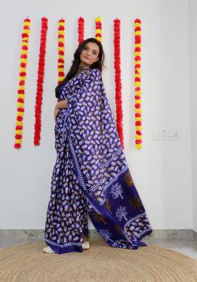 Purple Cotton Printed Saree With Blouse 2