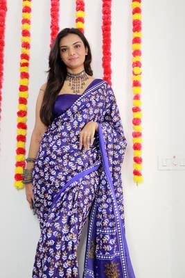 Purple Cotton Printed Saree With Blouse 3