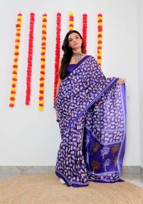 Purple Cotton Printed Saree With Blouse 5