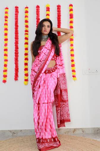 Pink Cotton Printed Saree With Blouse