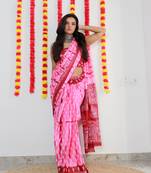 Pink Cotton Printed Saree With Blouse