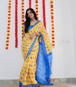 Yellow Cotton Printed Saree With Blouse