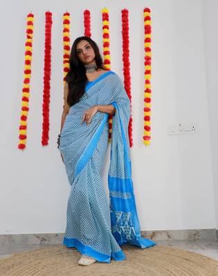 Blue Cotton Printed Saree With Blouse 1