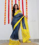 Grey Cotton Printed Saree With Blouse