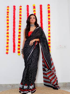 Black Cotton Printed Saree With Blouse 1