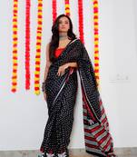 Black Cotton Printed Saree With Blouse