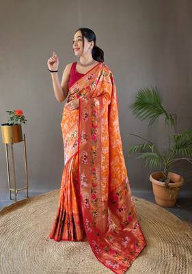 Yellow Paithani style silk bland zari weaving contrust border saree with Blouse 1