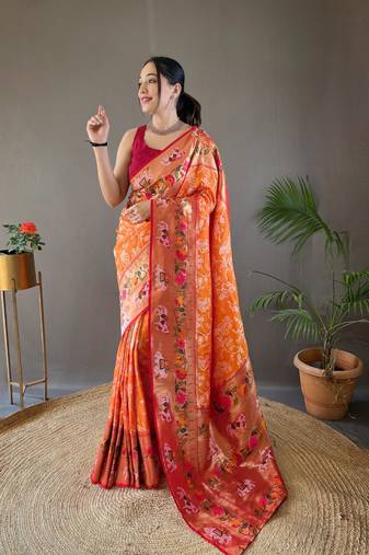 Yellow Paithani style silk bland zari weaving contrust border saree with Blouse
