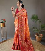 Yellow Paithani style silk bland zari weaving contrust border saree with Blouse