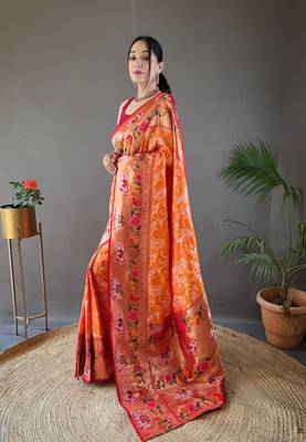Yellow Paithani style silk bland zari weaving contrust border saree with Blouse 2