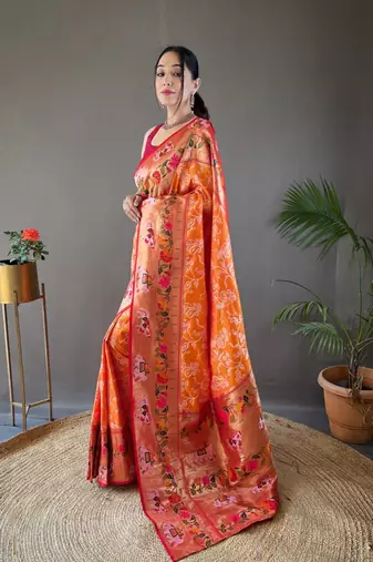 Yellow Paithani style silk bland zari weaving contrust border saree with Blouse