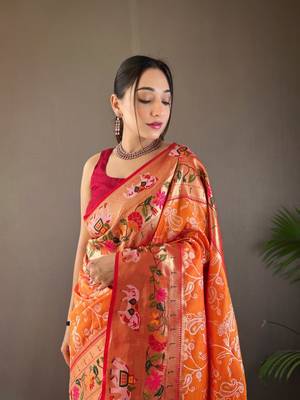 Yellow Paithani style silk bland zari weaving contrust border saree with Blouse 3
