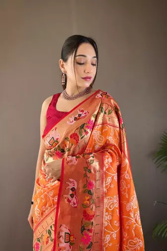 Yellow Paithani style silk bland zari weaving contrust border saree with Blouse