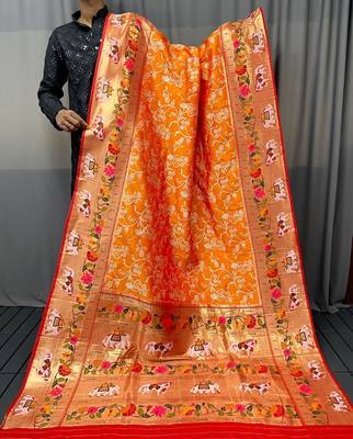 Yellow Paithani style silk bland zari weaving contrust border saree with Blouse 4