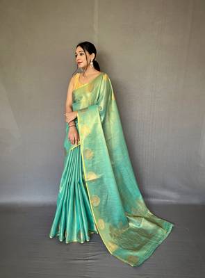 Green Kanjivaram Style of tissue silk zari weaving border Pallu saree with Blouse 1