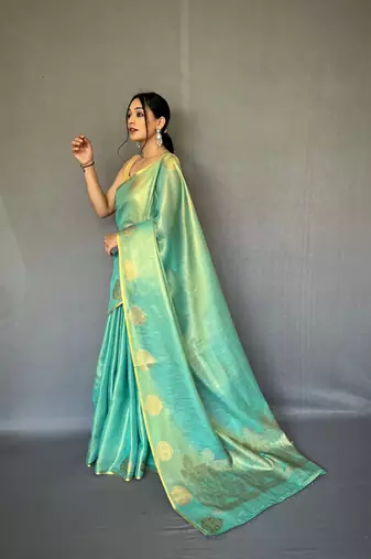 Green Kanjivaram Style of tissue silk zari weaving border Pallu saree with Blouse
