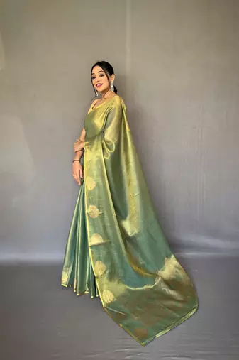Green Kanjivaram Style of tissue silk zari weaving border Pallu saree with Blouse