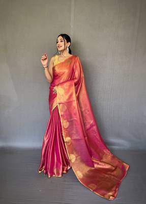Pink Kanjivaram Style of tissue silk zari weaving border Pallu saree with Blouse 1