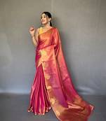 Pink Kanjivaram Style of tissue silk zari weaving border Pallu saree with Blouse