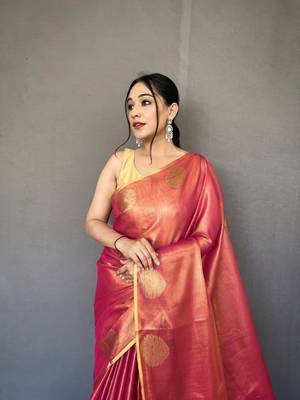 Pink Kanjivaram Style of tissue silk zari weaving border Pallu saree with Blouse 2