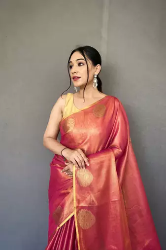 Pink Kanjivaram Style of tissue silk zari weaving border Pallu saree with Blouse