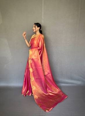 Pink Kanjivaram Style of tissue silk zari weaving border Pallu saree with Blouse 3