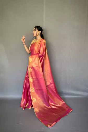 Pink Kanjivaram Style of tissue silk zari weaving border Pallu saree with Blouse