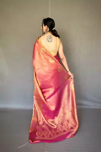 Pink Kanjivaram Style of tissue silk zari weaving border Pallu saree with Blouse