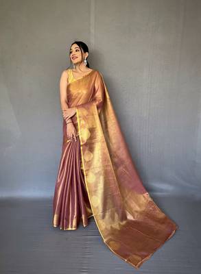Dusty Kanjivaram Style of tissue silk zari weaving border Pallu saree with Blouse 1