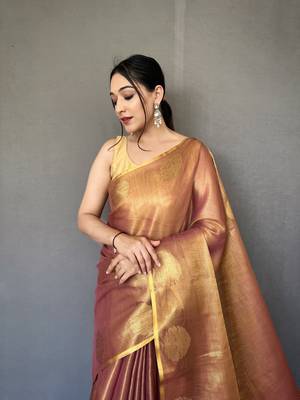 Dusty Kanjivaram Style of tissue silk zari weaving border Pallu saree with Blouse 2