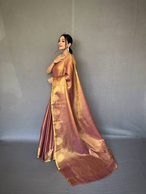 Dusty Kanjivaram Style of tissue silk zari weaving border Pallu saree with Blouse 3