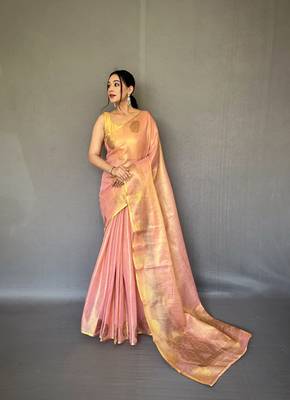Light Pink Kanjivaram Style of tissue silk zari weaving border Pallu saree with Blouse 1