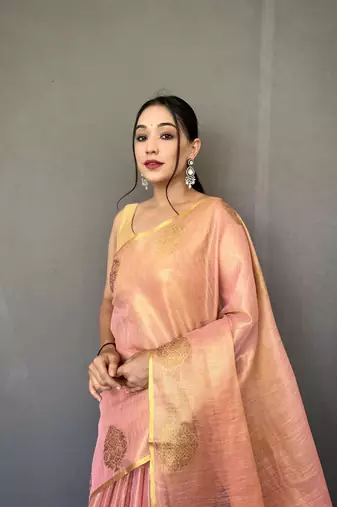 Light Pink Kanjivaram Style of tissue silk zari weaving border Pallu saree with Blouse