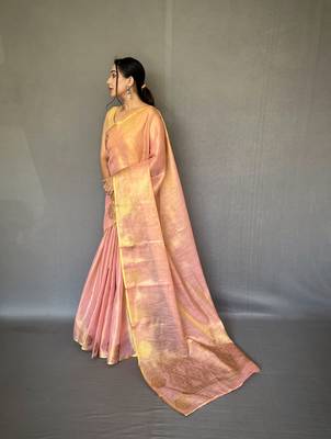 Light Pink Kanjivaram Style of tissue silk zari weaving border Pallu saree with Blouse 3