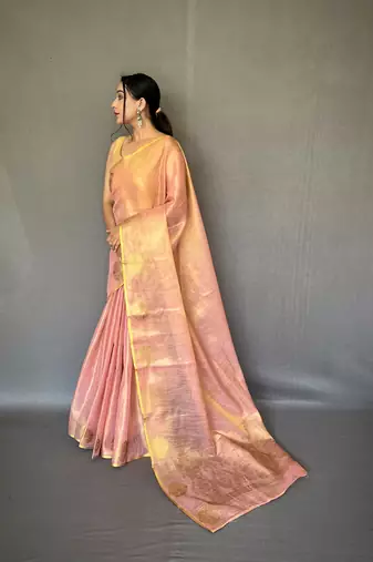 Light Pink Kanjivaram Style of tissue silk zari weaving border Pallu saree with Blouse
