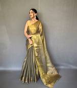 Mahendi Green Kanjivaram Style of tissue silk zari weaving border Pallu saree with Blouse