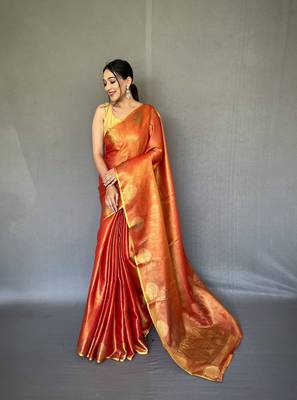Oraange Kanjivaram Style of tissue silk zari weaving border Pallu saree with Blouse 1