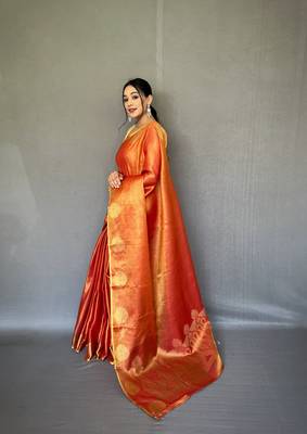 Oraange Kanjivaram Style of tissue silk zari weaving border Pallu saree with Blouse 2