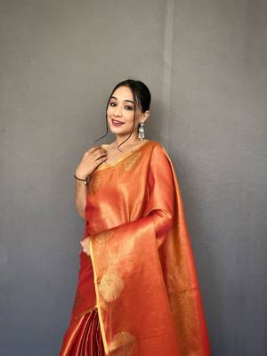 Oraange Kanjivaram Style of tissue silk zari weaving border Pallu saree with Blouse 3