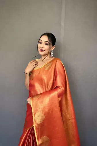 Oraange Kanjivaram Style of tissue silk zari weaving border Pallu saree with Blouse