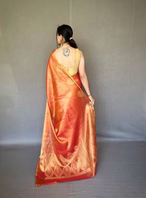 Oraange Kanjivaram Style of tissue silk zari weaving border Pallu saree with Blouse 4