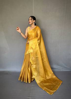 Gold Kanjivaram Style of tissue silk zari weaving border Pallu saree with Blouse 2